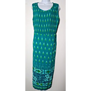R & K Originals Woman 14W Maxi Dress Boho Geometric Teal Smocked Tie Back